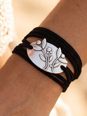 Tie Wrap Floral Silver Bracelet Cuff Boho Gift Bohemian Festival Mothers Day